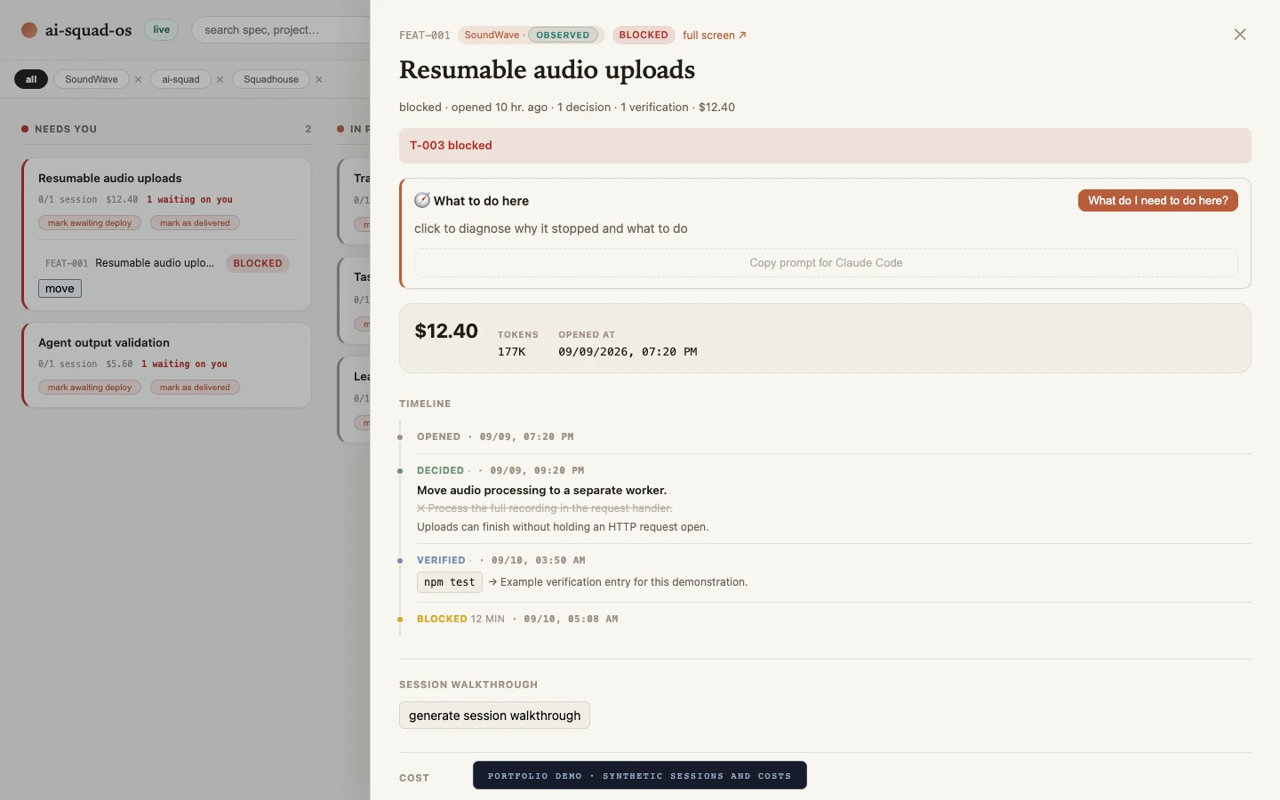 aiOS session drawer with evidence and workflow details